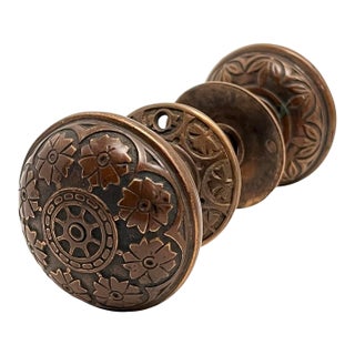 1870s Antique American Bronze Door Knobs With Rosettes - A Pair For Sale