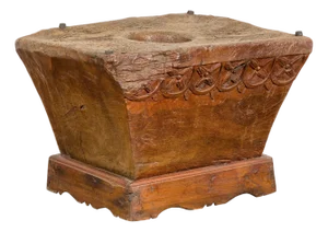 19th Century Teak Wood Primitive Mortar Converted into Coffee Table with Carved Rosettes
