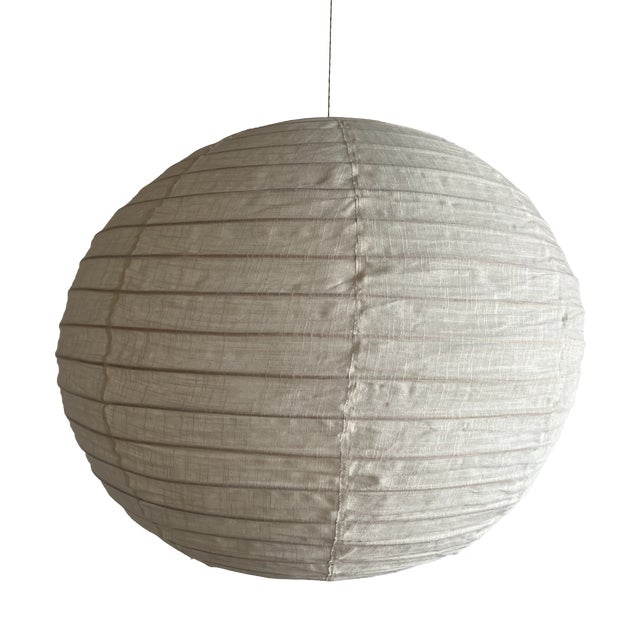 Small Round Japanese-Style Rattan and Natural Linen Pendant Light, 1980s For Sale