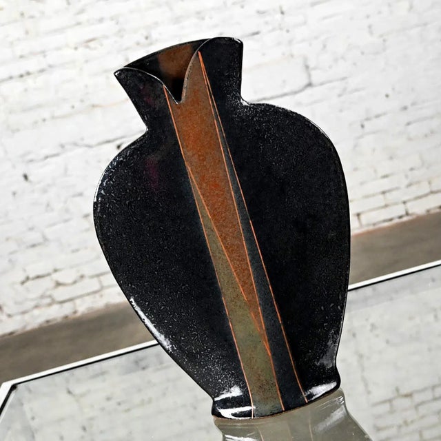 Blue Late 20th Century Modern to Postmodern Glazed Stoneware Pottery Flattened Vase Dark Blue With Center Stripe For Sale - Image 8 of 12