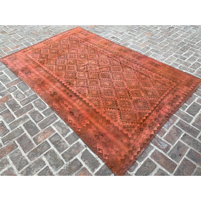 Vintage Overdyed Kilim Area Rug, Handwoven Wool, 6x10, Coral For Sale - Image 9 of 12