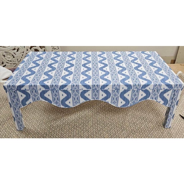 Custom Scalloped Coffee Table in Blue Ikat For Sale - Image 16 of 16