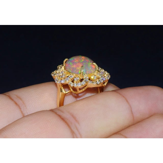 Gemstone Certified Natural 6.29CTS VS F Diamond Opal 18K Solid Gold Floral Ring, size 6.75 For Sale - Image 7 of 7