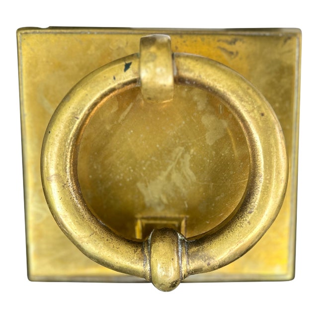 Vintage Solid Brass Ring Door Knocker With Square Backplate, Classic Architectural Hardware For Sale