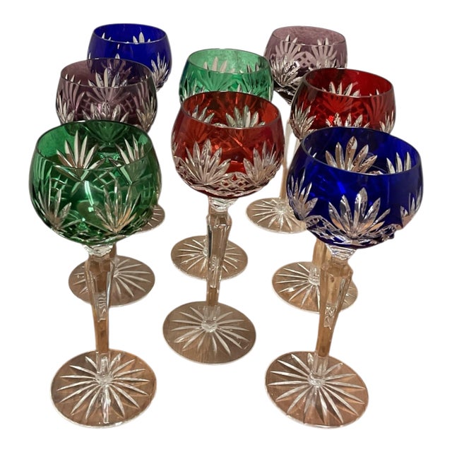 Vintage Set of 8 Beautiful Bohemian Cut to Clear 8 1/2" Wine Glasses Assorted Colors For Sale