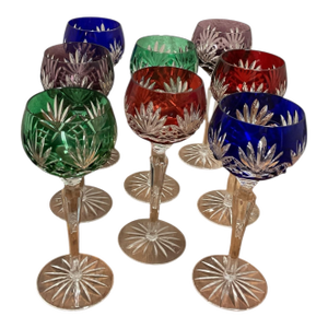 Vintage Set of 8 Beautiful Bohemian Cut to Clear 8 1/2" Wine Glasses Assorted Colors