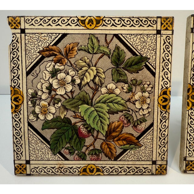 Victorian Antique English Glazed Ceramic Tiles Depicting Strawberries, Polychrome Transfer Decoration, Set of 2 For Sale - Image 3 of 8