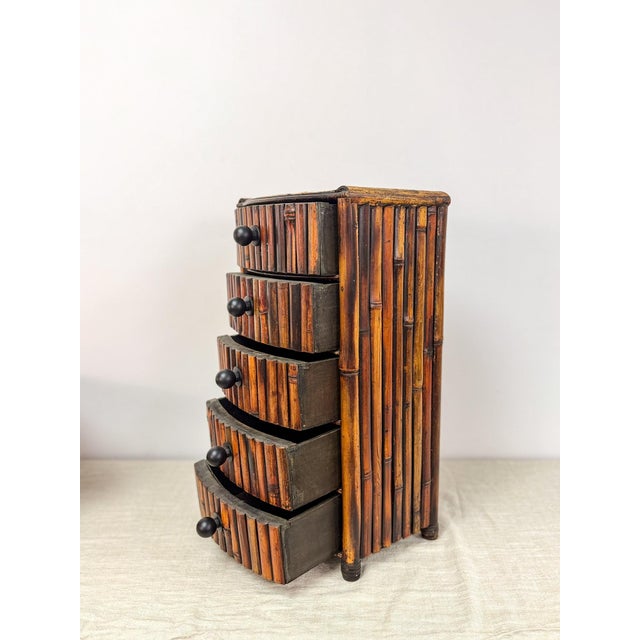 Wood Vintage Burnt Bamboo 3 Drawer Chest Boho Storage Jewelry Cabinet MCM Decor For Sale - Image 7 of 8