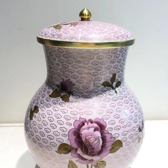 Metal Vintage Cloisonné Enamel Pale Pink Rose Lidded Ginger Jar For Sale - Image 7 of 8