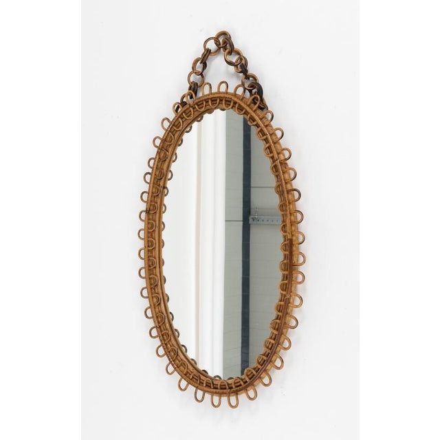 Brown Mid-Century Oval Rattan and Bamboo Wall Mirror in the style of Franco Albini, Italy, 1960s For Sale - Image 8 of 11