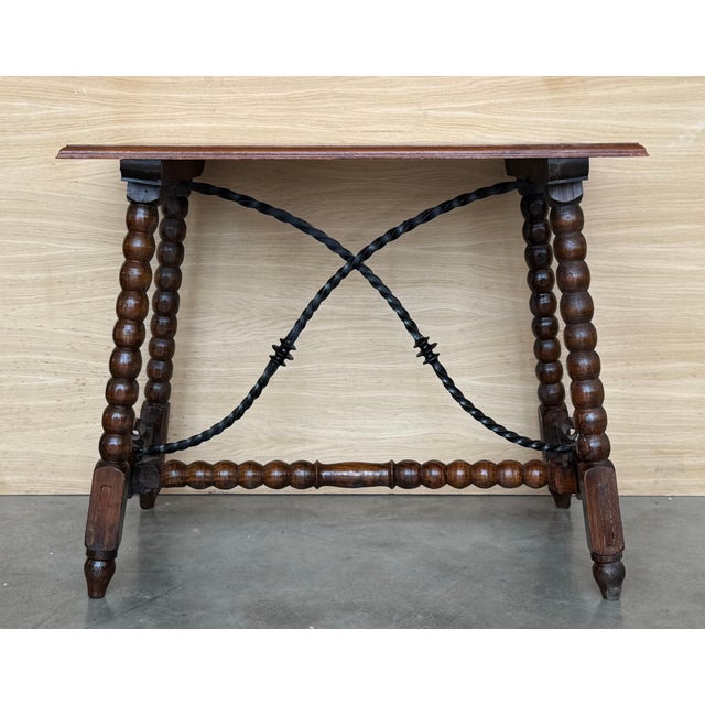 19th Spanish Sturdy Side Table with Carved Turned Legs and Double Stretcher For Sale - Image 16 of 18