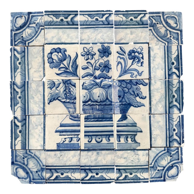 Antique 18th Century Portuguese Baroque Blue & White Fruit Basket Tile Panel For Sale