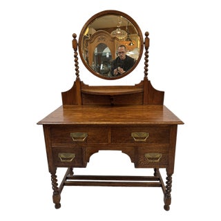 Antique Jacobean Tiger Oak Wood Vanity Dresser With Mirror For Sale