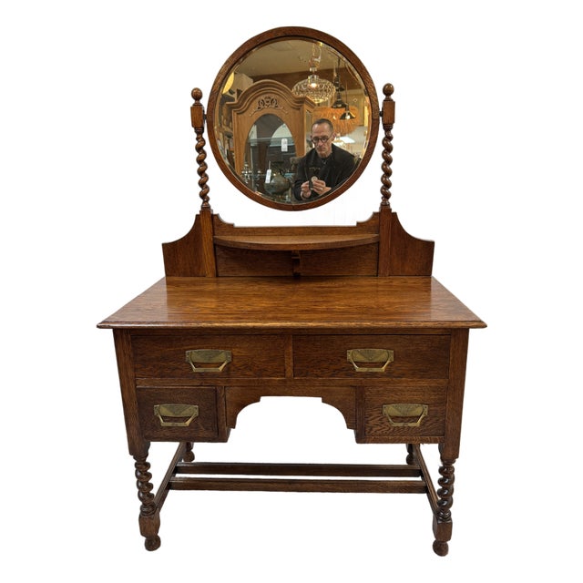 Antique Jacobean Tiger Oak Wood Vanity Dresser With Mirror For Sale