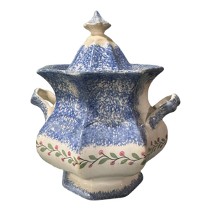 Antique English Spongeware Spatterware Decorated Covered Sugar Bowl With Handles