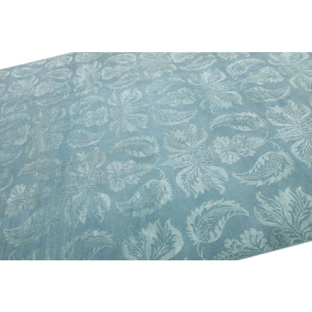 2010s Floral Blue Contemporary Nepalese Wool & Silk Rug For Sale In New York - Image 6 of 7