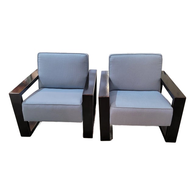 1990s Pair of Kreiss Modern Armchairs With Sleek Open Arms and Blue Upholstered Cushions For Sale