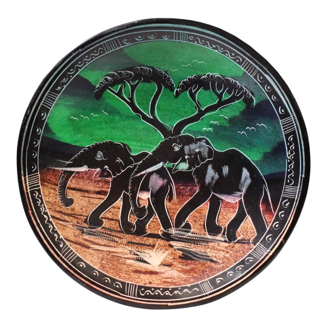 Vintage Hand Carved Painted Stone Elephant Safari Bowl For Sale
