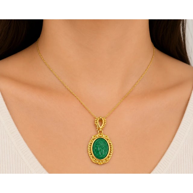 Victorian Late 19th Century 18K Yellow Gold Etruscan Intaglio Onyx Green Agate Pendant Slide For Sale - Image 3 of 3