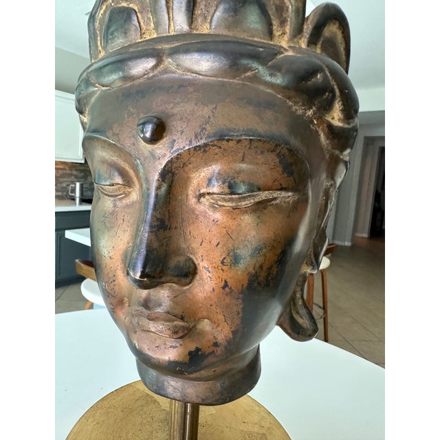 Vintage Gilt Bronze Bust Giltwood Stand Buddhist Deity Kannon Bosatsu For Sale - Image 13 of 17