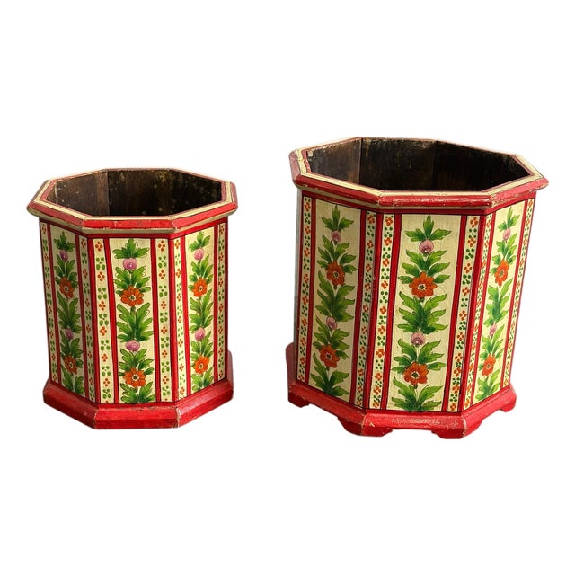 1950’s Vintage Red Floral Folk Art Wastebaskets- A Set of 2 For Sale