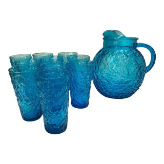 1970s Blue Anchor Hocking Glass Pitcher and 10 Glasses, Lido Milano Pattern For Sale