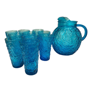 1970s Blue Anchor Hocking Glass Pitcher and 10 Glasses, Lido Milano Pattern