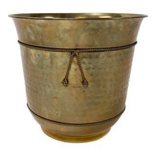 Hammered Brass Planter With Rope Design Detail For Sale
