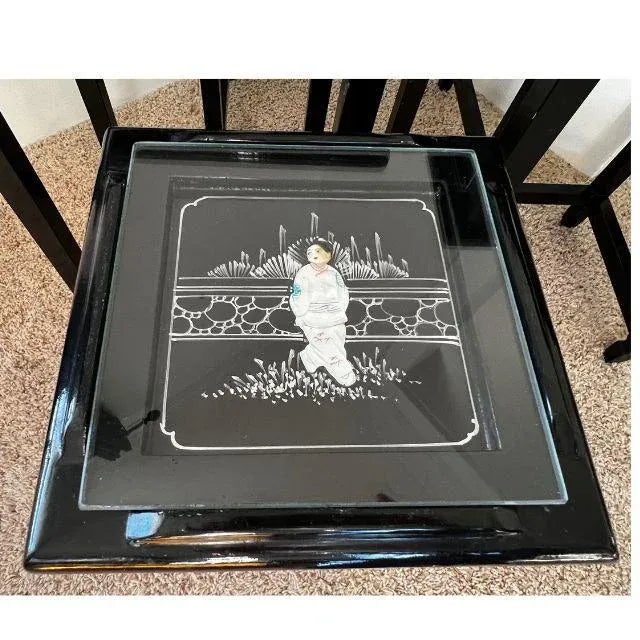 Mid-Century Chinese, Hand-Painted, Glass-Topped Nesting Tables, Set of Four For Sale - Image 10 of 12