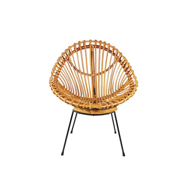 1950s Mid-Century Italian Rattan and Black Metal Chair, 1950s For Sale - Image 5 of 14