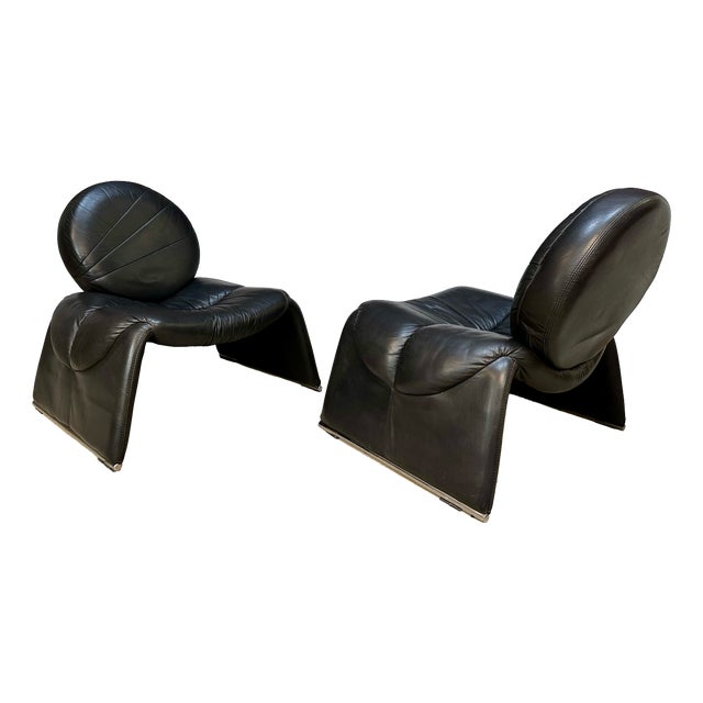 Calypso C35 Leather Lounge Chairs by Vittorio Introini for Saporiti, Italy, 1980s, Set of 2 For Sale