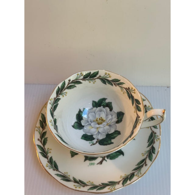 Vintage Royal Albert England "Lady CLARE"Sign A.Wagg Teacup and Saucer Set White Gardenia Green Leaves For Sale - Image 18 of 18