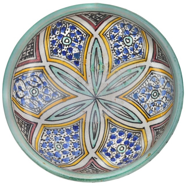 Moroccan Vintage Orange & Teal Moorish Floral Ceramic Bowl For Sale - Image 3 of 11