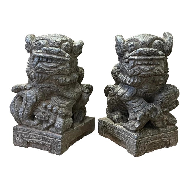 Pair Chinese Brown Rough Marks Fengshui Foo Dog Lion Figures For Sale