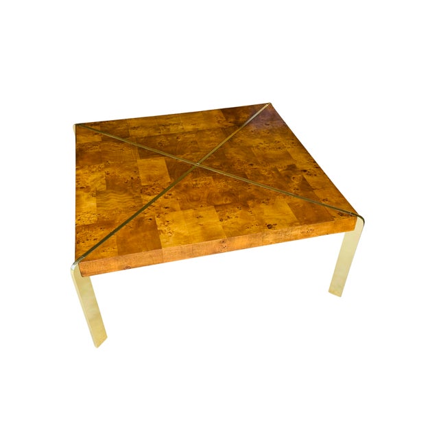 Vintage 1970s Burl Wood & Brass Coffee Table | Hollywood Regency Milo Baughman Style | Parquet Burl Cocktail Table For Sale - Image 12 of 16