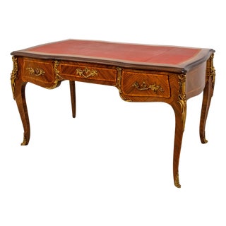 Vintage Louis XV Parquetry Leather Top Bureau Plat Desk For Sale