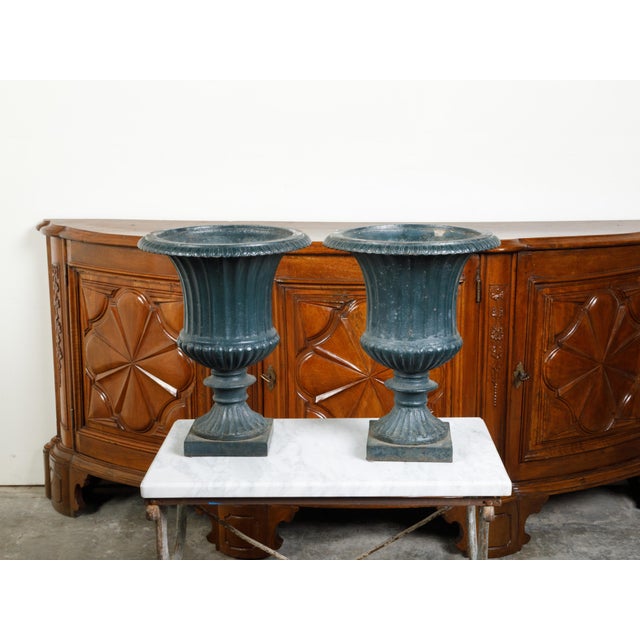 Metal Pair of 19th Century English Medici Urn Planters on Petite Square Bases For Sale - Image 7 of 9