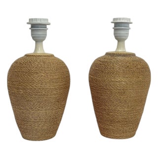 French Table Lamps in Sisal Rope and Ceramic, 1970s, Set of 2 For Sale