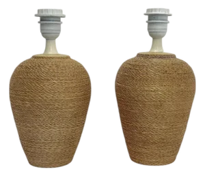 French Table Lamps in Sisal Rope and Ceramic, 1970s, Set of 2