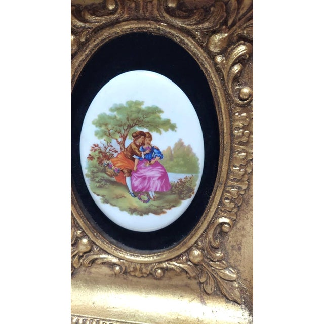Italian Early 20th Century Antique Florentine Porcelain Courting Couple Scene Gold Frame Fragonard Brass Metal Backing For Sale - Image 3 of 10
