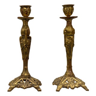 French Art Deco Bronze Candlesticks with Marabou Storks, 1930s, Set of 2 For Sale