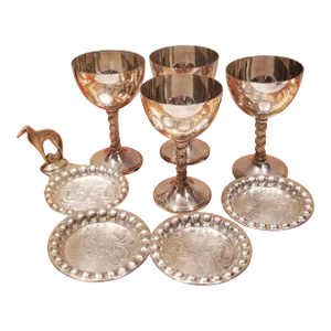 Set of Antique Silver Plate Viking Wine Goblets & Dog Sculptured Coasters- 8 Pieces