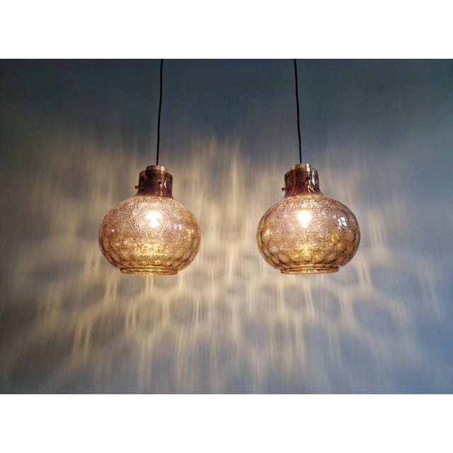 Gold Brass and Smoked Blown Glass Pendant Lights from Glashütte Limburg, 1970, Set of 2 For Sale - Image 8 of 18