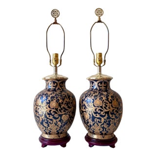 Cobalt Gold Filigree Porcelain Table Lamps For Sale