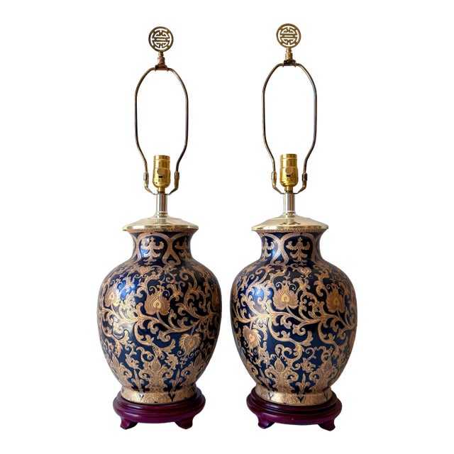 Cobalt Gold Filigree Porcelain Table Lamps For Sale