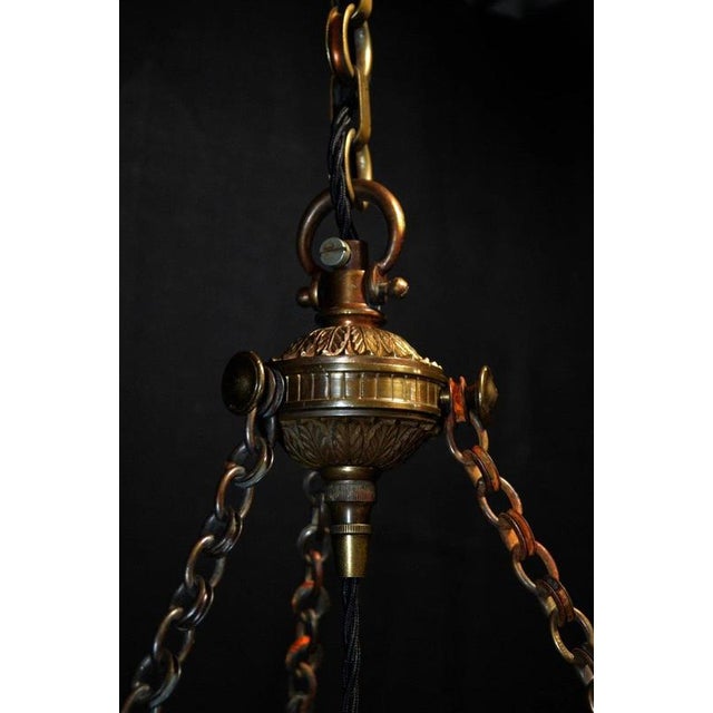 Vintage Art Deco Bronze and Moonstone Glass Rams Head Pendant Light, 1930s For Sale - Image 17 of 18