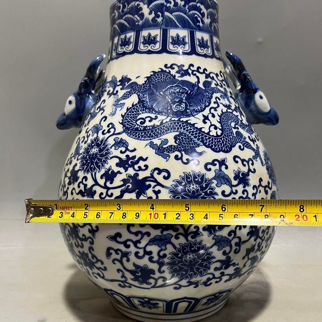 Mid 20th Century Mid 20th Century Blue and White Porcelain Deer-Head Handle Vase, Dragon & Interlocking Lotus Hu Vase For Sale - Image 5 of 8