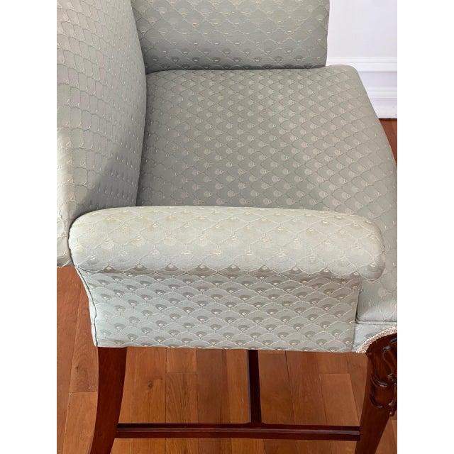 Georgian Carved Mahogany Upholstered Vanity Bench, Celadon Blue, Early 20th Century For Sale - Image 12 of 18