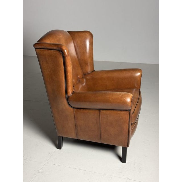 Brown Sheep Leather Wingback Armchair For Sale - Image 8 of 17