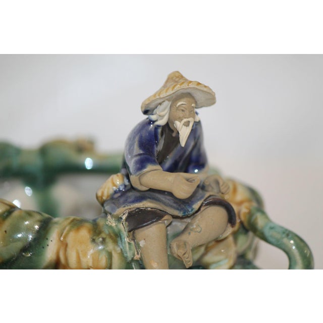 Green Antique Majolica Glazed Chinese Mudman and Elephant Planter For Sale - Image 8 of 9